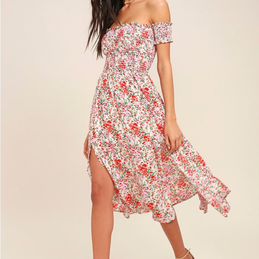 Lulus View from the Meadow Cream Floral Print Off-the-Shoulder Dress